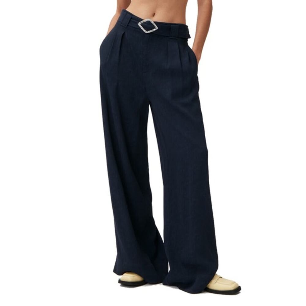 Ganni Black Belted Crepe Wide Leg Pant Trouser Size 2 / XS Silver Diamond Buckle